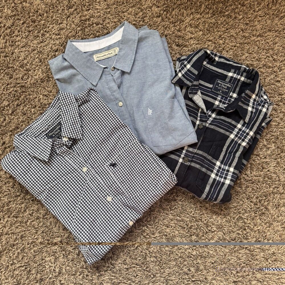 THREE Abercrombie & Fitch Shirt Women M Chambray Gingham Y2K Blue Casual Preppy